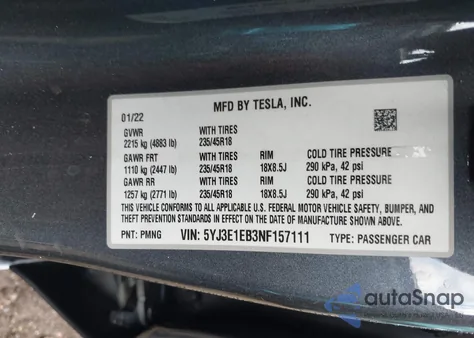 2022 Tesla Model 3 Long Range Dual Motor All-Wheel Drive из США, поврежденный, VIN 5YJ3E1EB3NF157111